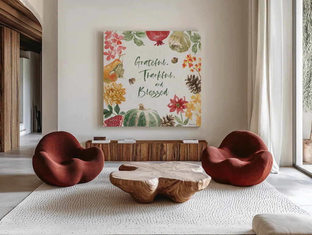 Harvest Bouquet II by Beth Grove. Shown as extra-large giant wall art in a modern living room. Available as an archival giclee rolled canvas, fine art paper, or poster print. SKU 53776a.