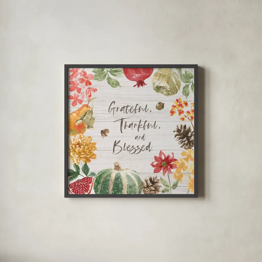 Harvest Bouquet II Shiplap by Beth Grove. Shown in a sleek black glass frame for a contemporary gallery look. Available as an archival giclee rolled canvas, fine art paper, or poster print. SKU 57889a.