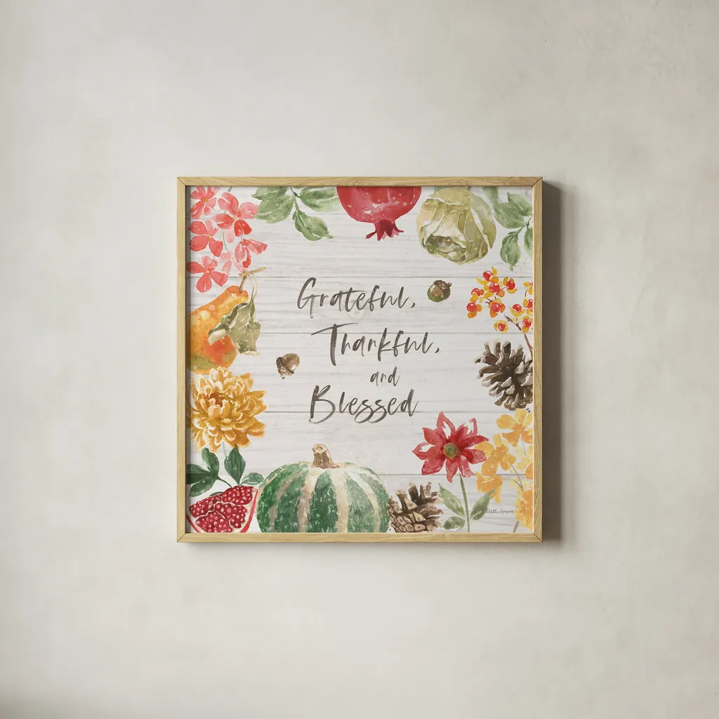 Harvest Bouquet II Shiplap by Beth Grove. Shown in a natural wood glass frame for a timeless modern aesthetic. Available as an archival giclee rolled canvas, fine art paper, or poster print. SKU 57889a.