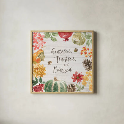 Harvest Bouquet II Shiplap by Beth Grove. Shown in a natural wood glass frame for a timeless modern aesthetic. Available as an archival giclee rolled canvas, fine art paper, or poster print. SKU 57889a.