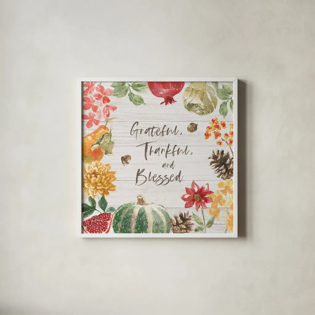 Harvest Bouquet II Shiplap by Beth Grove. Shown in a crisp white glass frame for a clean and minimalist style. Available as an archival giclee rolled canvas, fine art paper, or poster print. SKU 57889a.