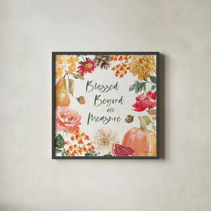 Harvest Bouquet III by Beth Grove. Shown in a sleek black glass frame for a contemporary gallery look. Available as an archival giclee rolled canvas, fine art paper, or poster print. SKU 53777a.