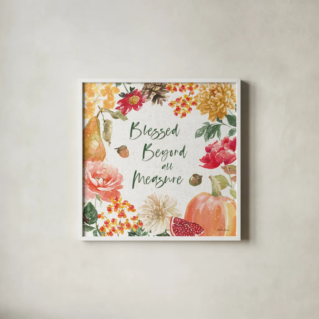 Harvest Bouquet III by Beth Grove. Shown in a crisp white glass frame for a clean and minimalist style. Available as an archival giclee rolled canvas, fine art paper, or poster print. SKU 53777a.