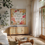 Harvest Bouquet III by Beth Grove. Shown in a natural wood frame in a cozy modern living room. Available as an archival giclee rolled canvas, fine art paper, or poster print. SKU 53777a.