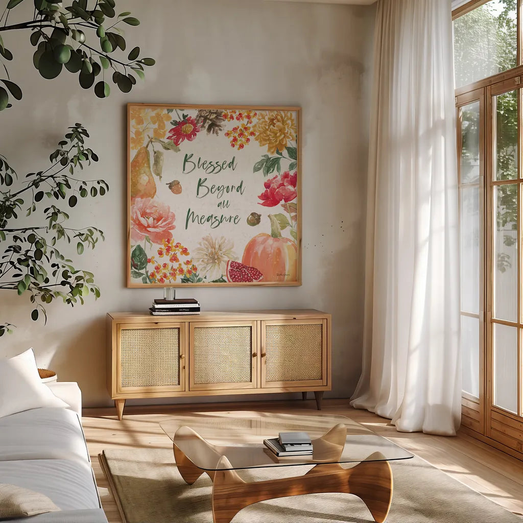 Harvest Bouquet III by Beth Grove. Shown in a natural wood frame in a cozy modern living room. Available as an archival giclee rolled canvas, fine art paper, or poster print. SKU 53777a.