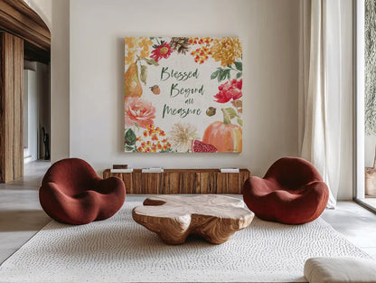 Harvest Bouquet III by Beth Grove. Shown as extra-large giant wall art in a modern living room. Available as an archival giclee rolled canvas, fine art paper, or poster print. SKU 53777a.