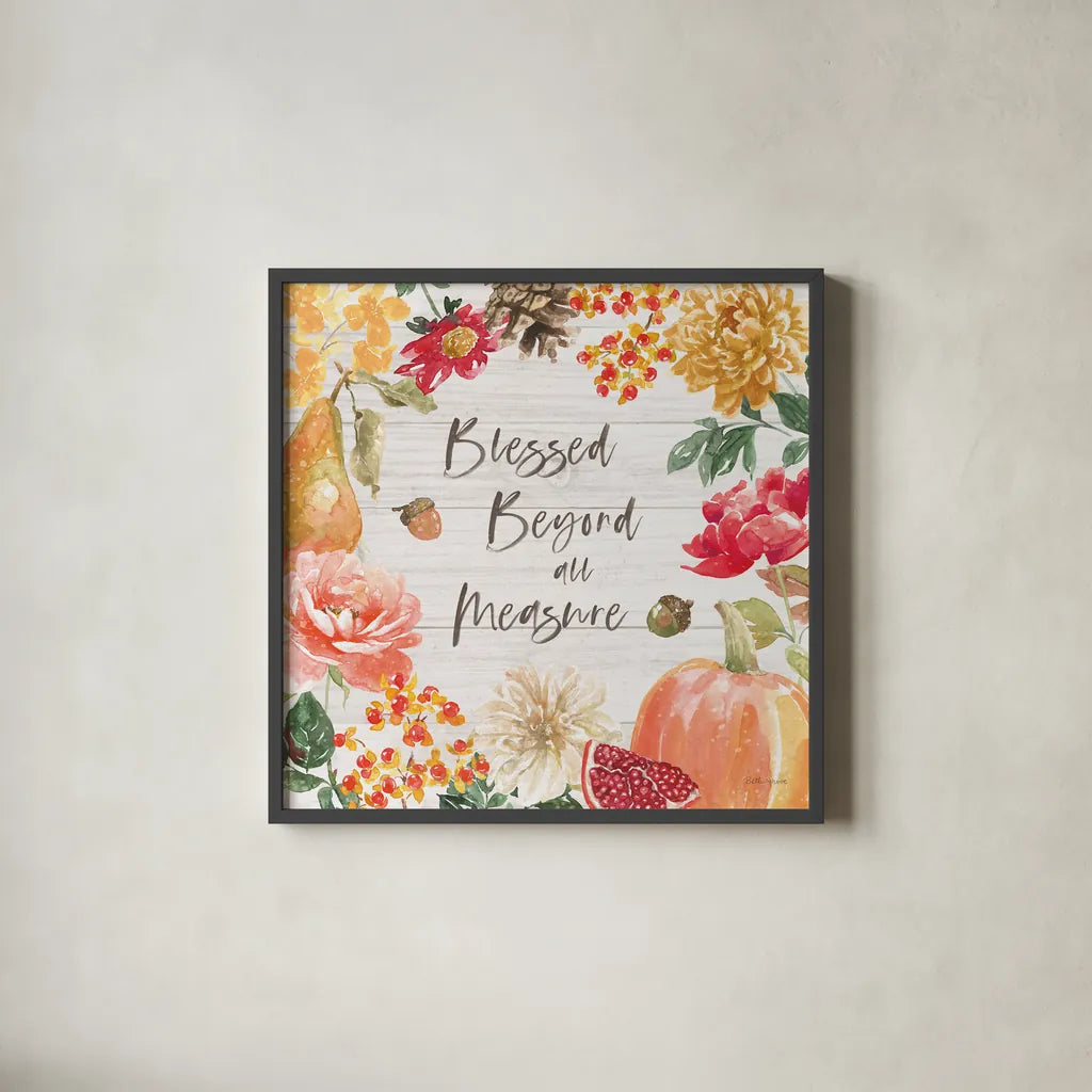 Harvest Bouquet III Shiplap by Beth Grove. Shown in a sleek black glass frame for a contemporary gallery look. Available as an archival giclee rolled canvas, fine art paper, or poster print. SKU 57890a.