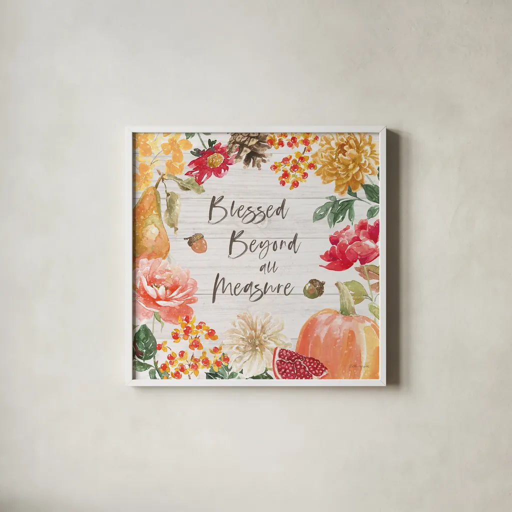 Harvest Bouquet III Shiplap by Beth Grove. Shown in a crisp white glass frame for a clean and minimalist style. Available as an archival giclee rolled canvas, fine art paper, or poster print. SKU 57890a.