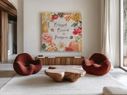 Harvest Bouquet III Shiplap by Beth Grove. Shown as extra-large giant wall art in a modern living room. Available as an archival giclee rolled canvas, fine art paper, or poster print. SKU 57890a.