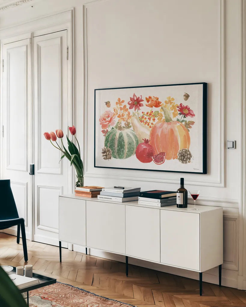 Harvest Bouquet IV by Beth Grove. shown as a framed stretched canvas in a living room above a console. Available as a archival giclee rolled canvas, fine art paper, or poster print. SKU 53778i.