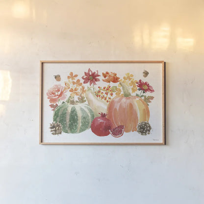 Harvest Bouquet IV by Beth Grove. shown as a paper print in a natural frame. Available as a archival giclee rolled canvas, fine art paper, or poster print. SKU 53778i.