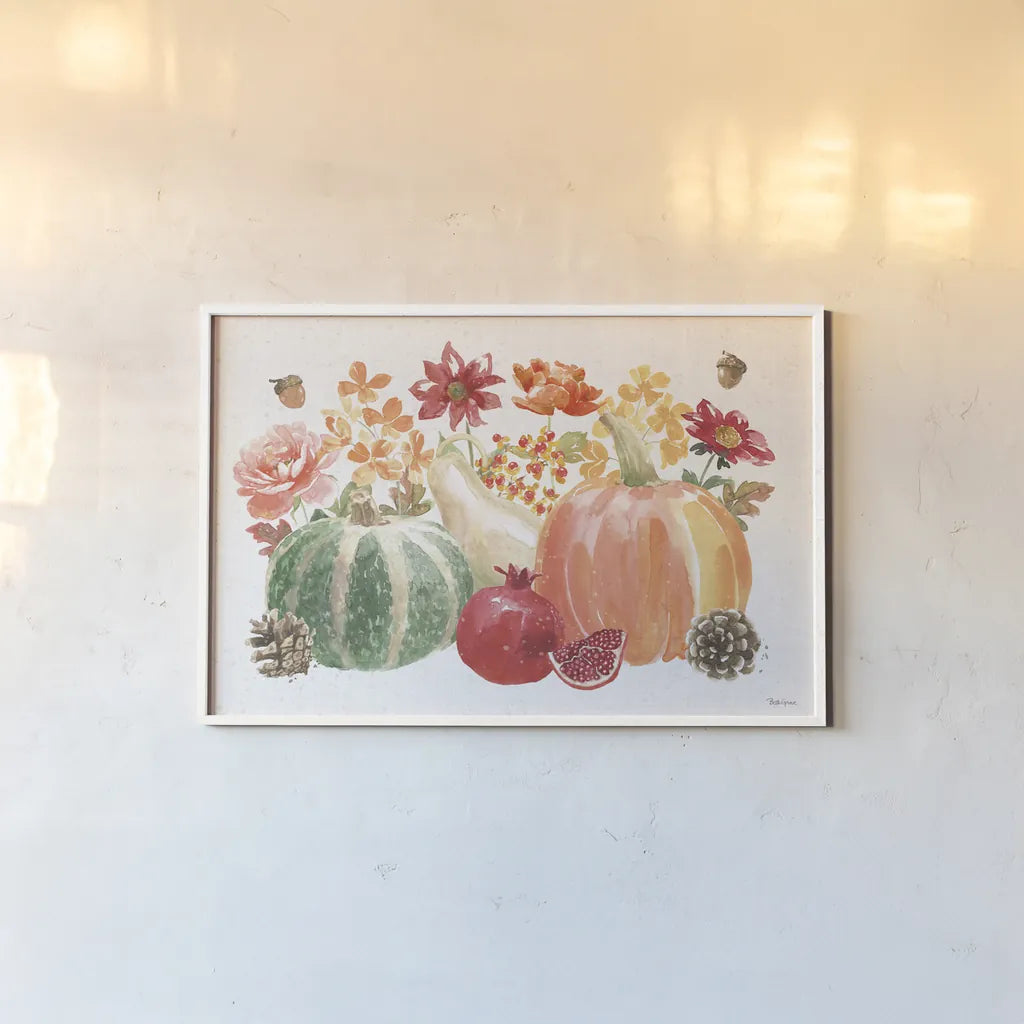 Harvest Bouquet IV by Beth Grove. shown as a paper print in a white frame. Available as a archival giclee rolled canvas, fine art paper, or poster print. SKU 53778i.