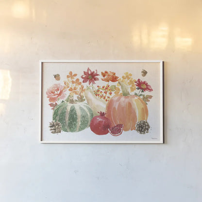 Harvest Bouquet IV by Beth Grove. shown as a paper print in a white frame. Available as a archival giclee rolled canvas, fine art paper, or poster print. SKU 53778i.