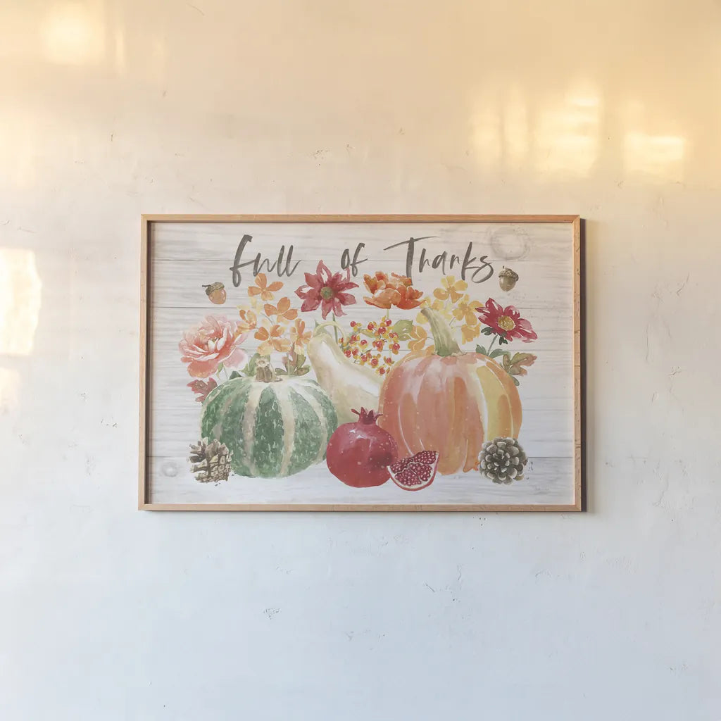 Harvest Bouquet IV Full of Thanks by Beth Grove. shown as a paper print in a natural frame. Available as a archival giclee rolled canvas, fine art paper, or poster print. SKU 57891i.
