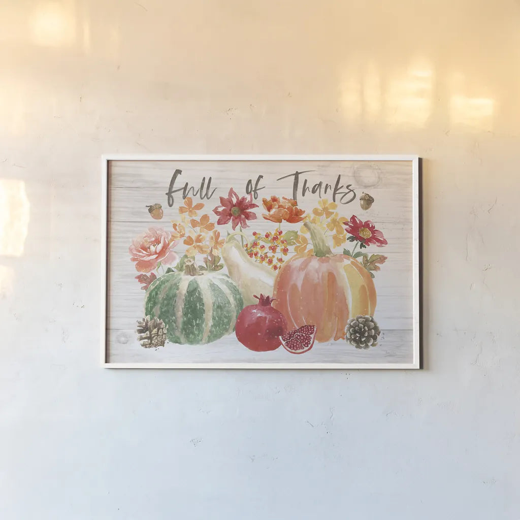 Harvest Bouquet IV Full of Thanks by Beth Grove. shown as a paper print in a white frame. Available as a archival giclee rolled canvas, fine art paper, or poster print. SKU 57891i.