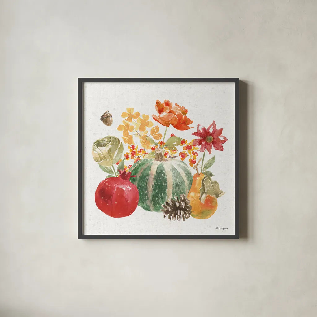 Harvest Bouquet V by Beth Grove. Shown in a sleek black glass frame for a contemporary gallery look. Available as an archival giclee rolled canvas, fine art paper, or poster print. SKU 53779a.