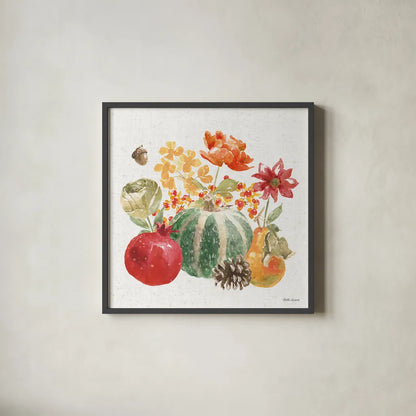 Harvest Bouquet V by Beth Grove. Shown in a sleek black glass frame for a contemporary gallery look. Available as an archival giclee rolled canvas, fine art paper, or poster print. SKU 53779a.
