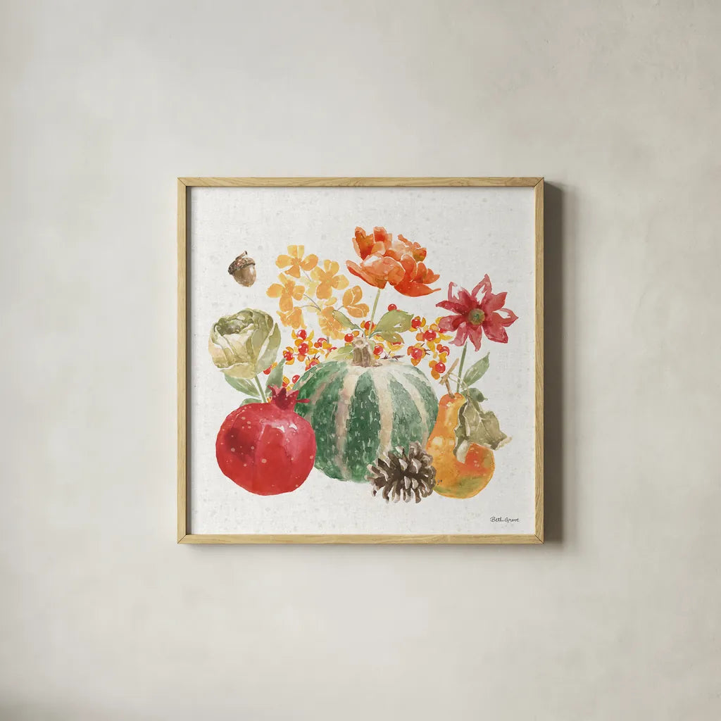Harvest Bouquet V by Beth Grove. Shown in a natural wood glass frame for a timeless modern aesthetic. Available as an archival giclee rolled canvas, fine art paper, or poster print. SKU 53779a.
