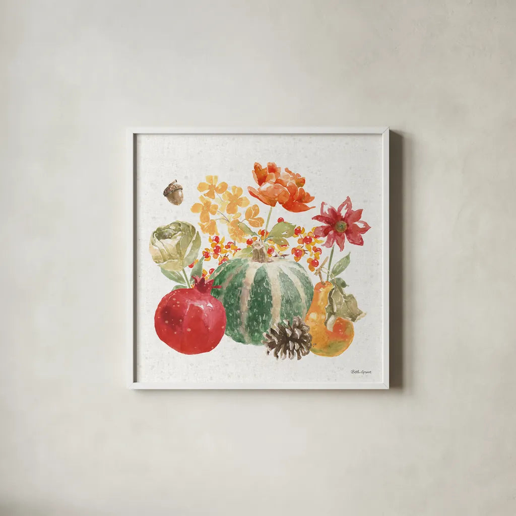 Harvest Bouquet V by Beth Grove. Shown in a crisp white glass frame for a clean and minimalist style. Available as an archival giclee rolled canvas, fine art paper, or poster print. SKU 53779a.
