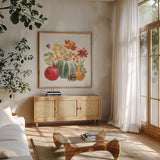 Harvest Bouquet V by Beth Grove. Shown in a natural wood frame in a cozy modern living room. Available as an archival giclee rolled canvas, fine art paper, or poster print. SKU 53779a.