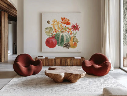 Harvest Bouquet V by Beth Grove. Shown as extra-large giant wall art in a modern living room. Available as an archival giclee rolled canvas, fine art paper, or poster print. SKU 53779a.