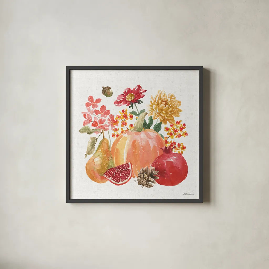 Harvest Bouquet VI by Beth Grove. Shown in a sleek black glass frame for a contemporary gallery look. Available as an archival giclee rolled canvas, fine art paper, or poster print. SKU 53780a.