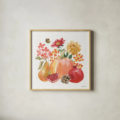 Harvest Bouquet VI by Beth Grove. Shown in a natural wood glass frame for a timeless modern aesthetic. Available as an archival giclee rolled canvas, fine art paper, or poster print. SKU 53780a.