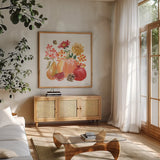 Harvest Bouquet VI by Beth Grove. Shown in a natural wood frame in a cozy modern living room. Available as an archival giclee rolled canvas, fine art paper, or poster print. SKU 53780a.