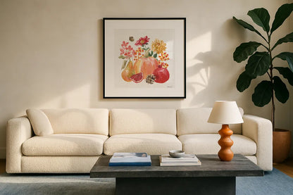 Harvest Bouquet VI by Beth Grove. Displayed in a glass frame with matte in a clean modern living room. Available as an archival giclee rolled canvas, fine art paper, or poster print. SKU 53780a.
