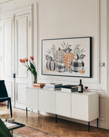 Harvest Classics I by Beth Grove. shown as a framed stretched canvas in a living room above a console. Available as a archival giclee rolled canvas, fine art paper, or poster print. SKU 76736i.