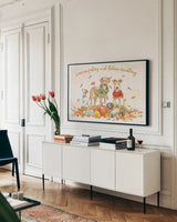 Harvest Dogs I by Beth Grove. shown as a framed stretched canvas in a living room above a console. Available as a archival giclee rolled canvas, fine art paper, or poster print. SKU 61653i.