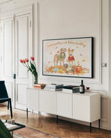 Harvest Dogs I v2 by Beth Grove. shown as a framed stretched canvas in a living room above a console. Available as a archival giclee rolled canvas, fine art paper, or poster print. SKU 74185i.