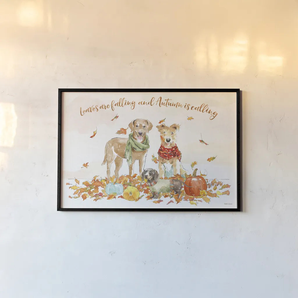 Harvest Dogs I v2 by Beth Grove. shown as a paper print in a black flame. Available as a archival giclee rolled canvas, fine art paper, or poster print. SKU 74185i.