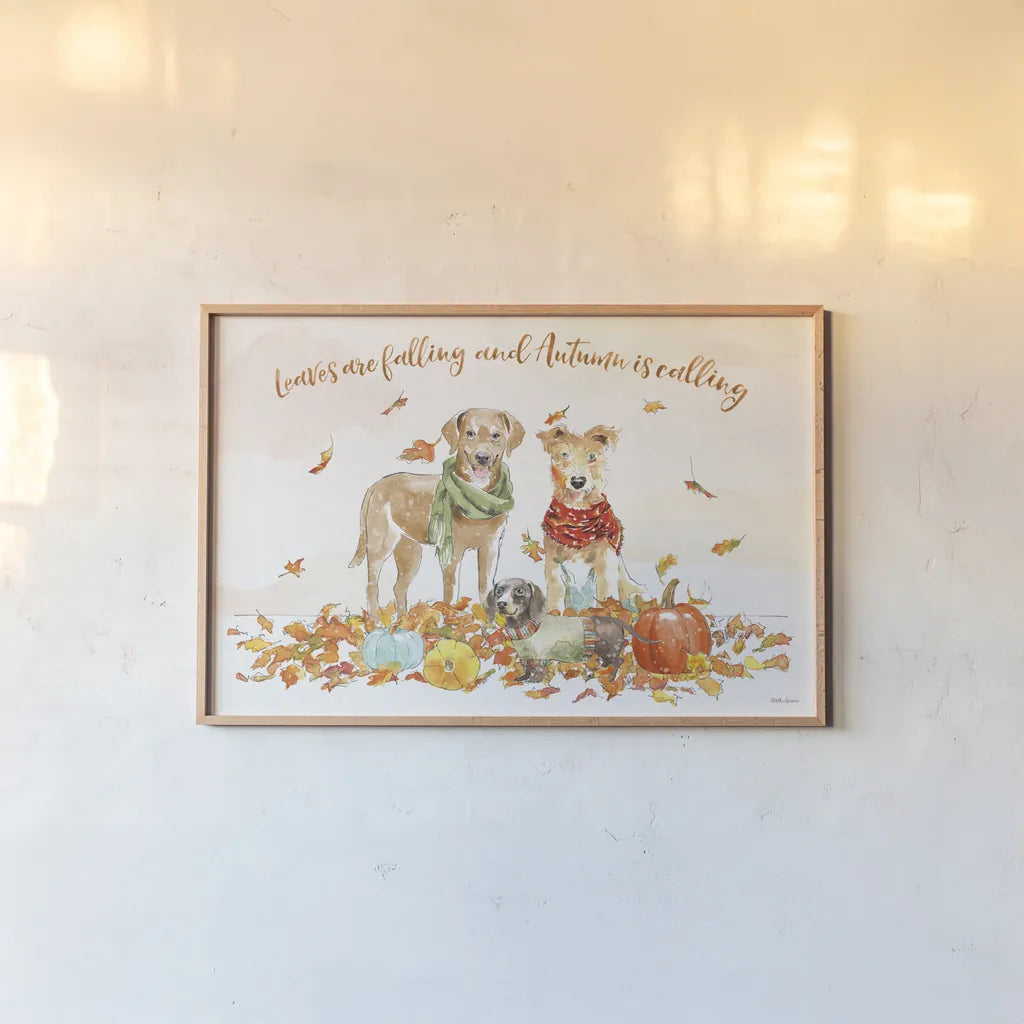 Harvest Dogs I v2 by Beth Grove. shown as a paper print in a natural frame. Available as a archival giclee rolled canvas, fine art paper, or poster print. SKU 74185i.