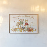 Harvest Dogs I v2 by Beth Grove. shown as a paper print in a natural frame. Available as a archival giclee rolled canvas, fine art paper, or poster print. SKU 74185i.