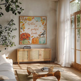 Harvest Dogs VI by Beth Grove. Shown in a natural wood frame in a cozy modern living room. Available as an archival giclee rolled canvas, fine art paper, or poster print. SKU 61658a.