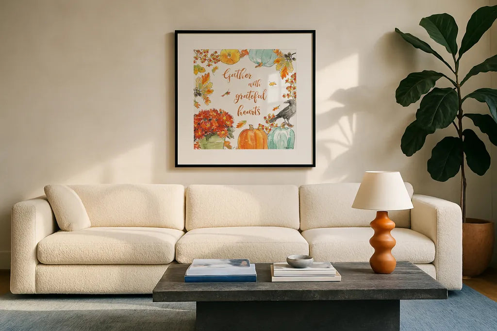 Harvest Dogs VI by Beth Grove. Displayed in a glass frame with matte in a clean modern living room. Available as an archival giclee rolled canvas, fine art paper, or poster print. SKU 61658a.