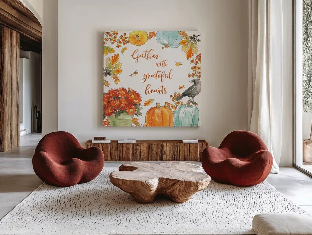 Harvest Dogs VI by Beth Grove. Shown as extra-large giant wall art in a modern living room. Available as an archival giclee rolled canvas, fine art paper, or poster print. SKU 61658a.