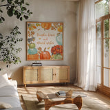 Harvest Dogs VII by Beth Grove. Shown in a natural wood frame in a cozy modern living room. Available as an archival giclee rolled canvas, fine art paper, or poster print. SKU 61659a.