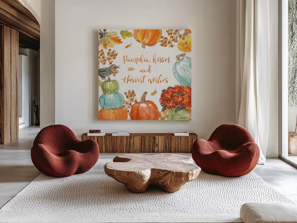 Harvest Dogs VII by Beth Grove. Shown as extra-large giant wall art in a modern living room. Available as an archival giclee rolled canvas, fine art paper, or poster print. SKU 61659a.