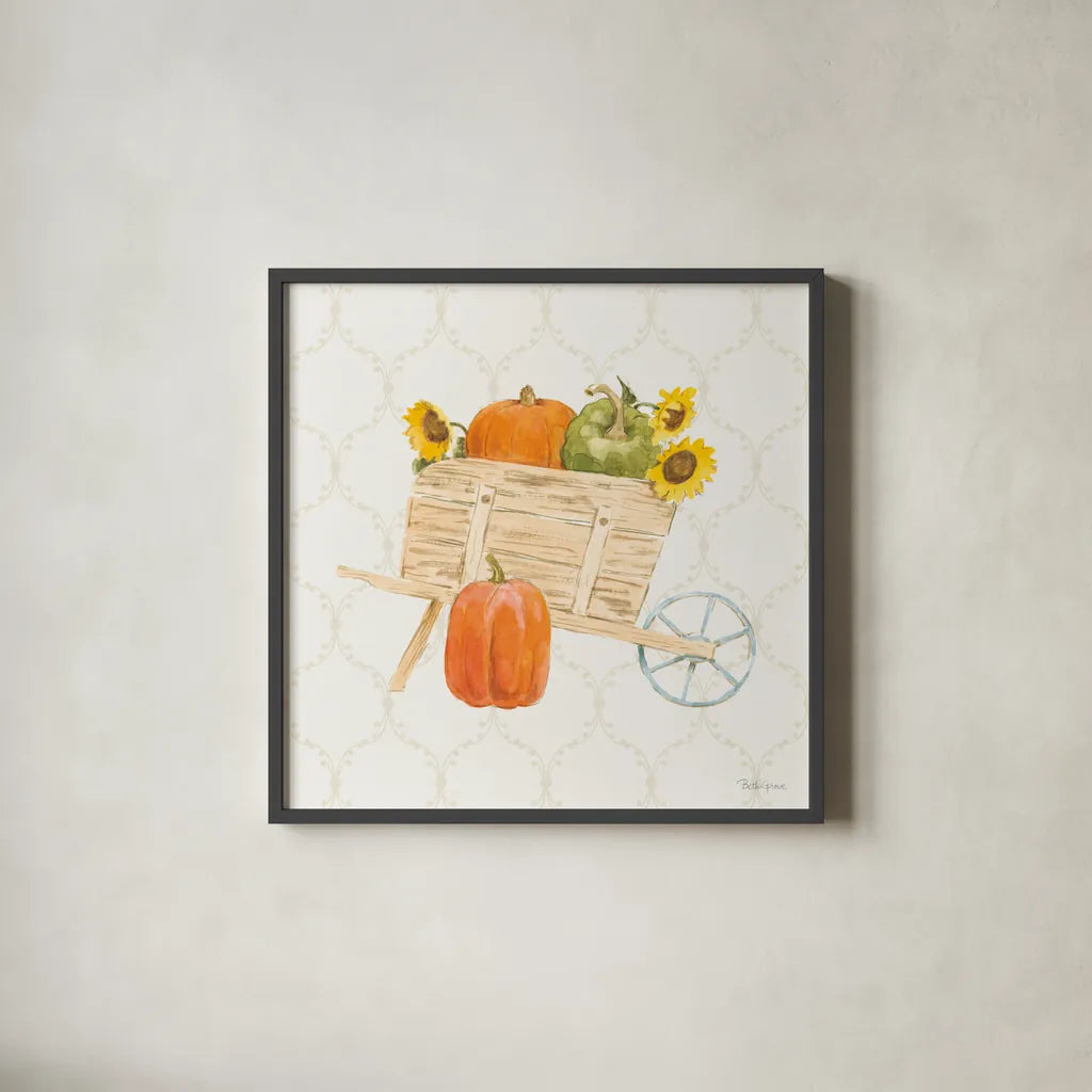 Harvest Wishes I by Beth Grove. Shown in a sleek black glass frame for a contemporary gallery look. Available as an archival giclee rolled canvas, fine art paper, or poster print. SKU 100678a.