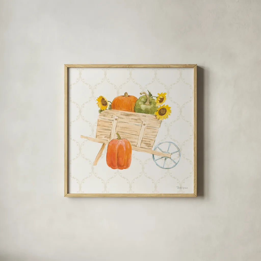 Harvest Wishes I by Beth Grove. Shown in a natural wood glass frame for a timeless modern aesthetic. Available as an archival giclee rolled canvas, fine art paper, or poster print. SKU 100678a.
