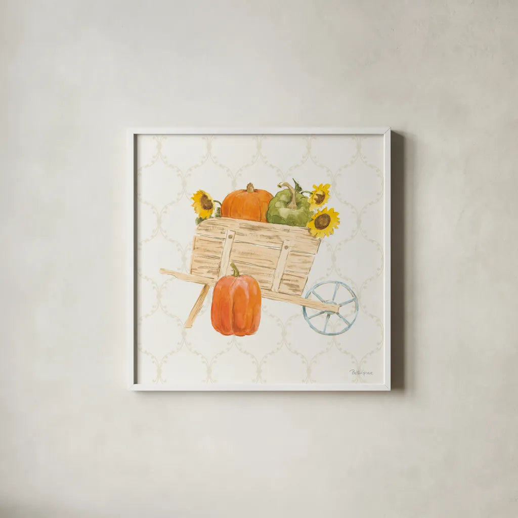Harvest Wishes I by Beth Grove. Shown in a crisp white glass frame for a clean and minimalist style. Available as an archival giclee rolled canvas, fine art paper, or poster print. SKU 100678a.