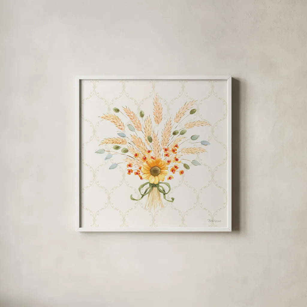 Harvest Wishes II by Beth Grove. Shown in a crisp white glass frame for a clean and minimalist style. Available as an archival giclee rolled canvas, fine art paper, or poster print. SKU 100679a.