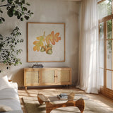 Harvest Wishes III by Beth Grove. Shown in a natural wood frame in a cozy modern living room. Available as an archival giclee rolled canvas, fine art paper, or poster print. SKU 100680a.