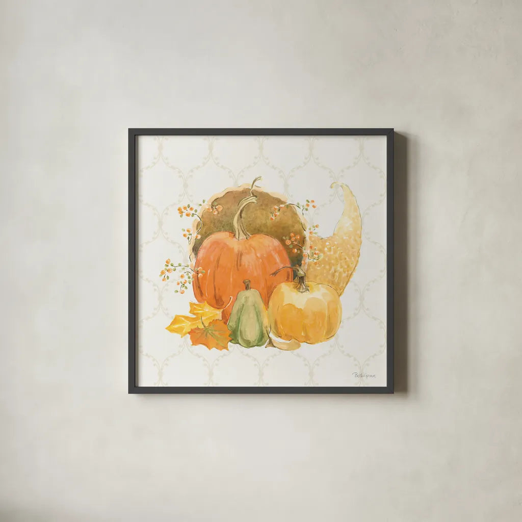 Harvest Wishes IV by Beth Grove. Shown in a sleek black glass frame for a contemporary gallery look. Available as an archival giclee rolled canvas, fine art paper, or poster print. SKU 100681a.