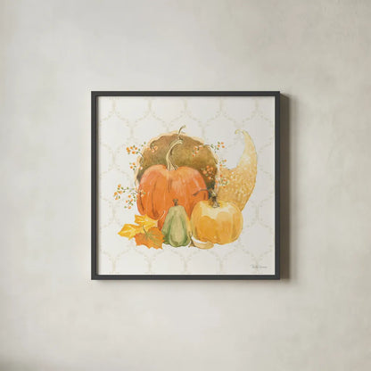 Harvest Wishes IV by Beth Grove. Shown in a sleek black glass frame for a contemporary gallery look. Available as an archival giclee rolled canvas, fine art paper, or poster print. SKU 100681a.