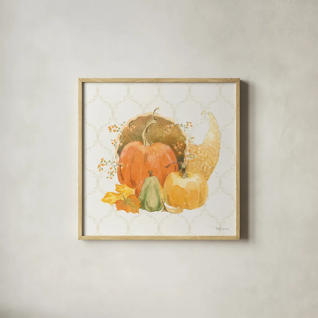 Harvest Wishes IV by Beth Grove. Shown in a natural wood glass frame for a timeless modern aesthetic. Available as an archival giclee rolled canvas, fine art paper, or poster print. SKU 100681a.