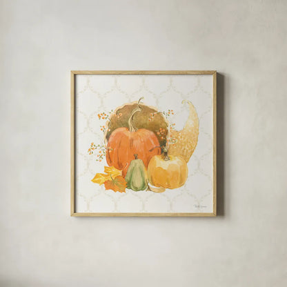 Harvest Wishes IV by Beth Grove. Shown in a natural wood glass frame for a timeless modern aesthetic. Available as an archival giclee rolled canvas, fine art paper, or poster print. SKU 100681a.