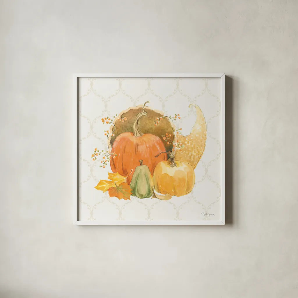 Harvest Wishes IV by Beth Grove. Shown in a crisp white glass frame for a clean and minimalist style. Available as an archival giclee rolled canvas, fine art paper, or poster print. SKU 100681a.
